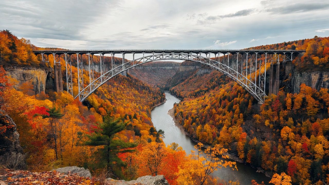 New River Gorge bridge over autumn river valley with orange and red hardwoods