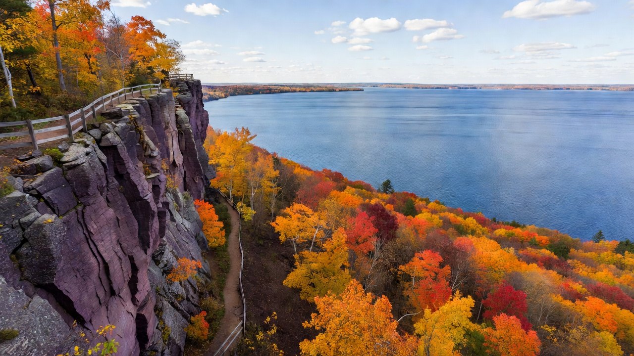 Quartzite bluff above a Wisconsin lake with fall hardwood forest in orange and gold