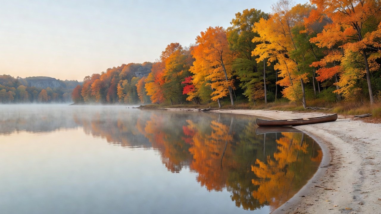 Autumn campsite on a Wisconsin lake at golden hour with a tent and picnic table under turning oaks