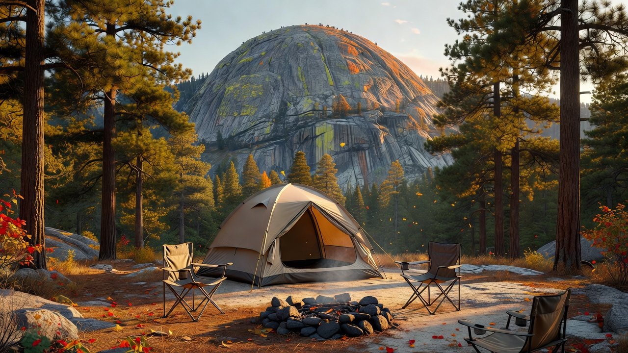 A family tent pitched at a granite-rimmed campsite under pine trees