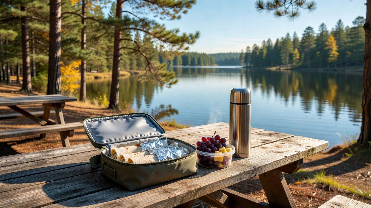 Camp lunch set up on a picnic table at a lakeside campsite — insulated lunch box, wraps and a thermos