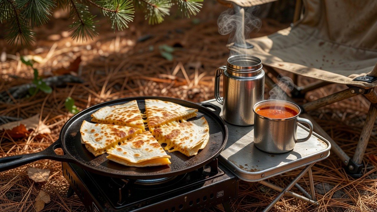 Cast iron griddle quesadillas and a thermos of soup on a camp stove at a fall campsite