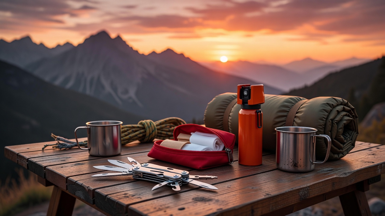 Camping safety gear laid out at a campsite β multi-tool, first aid kit, bear spray, and repair tape on a wooden table at sunset