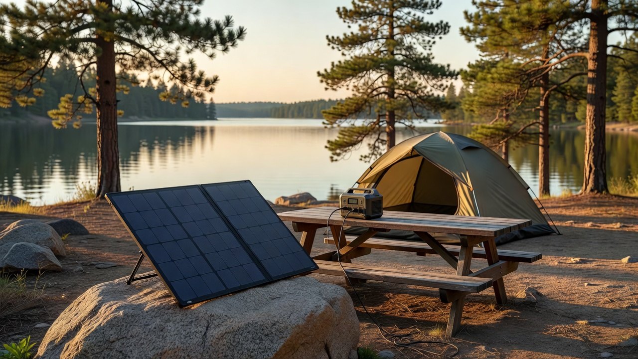 A folding solar panel propped on a rock at golden hour, charging a small portable power station on a picnic table beside a lakeside campsite