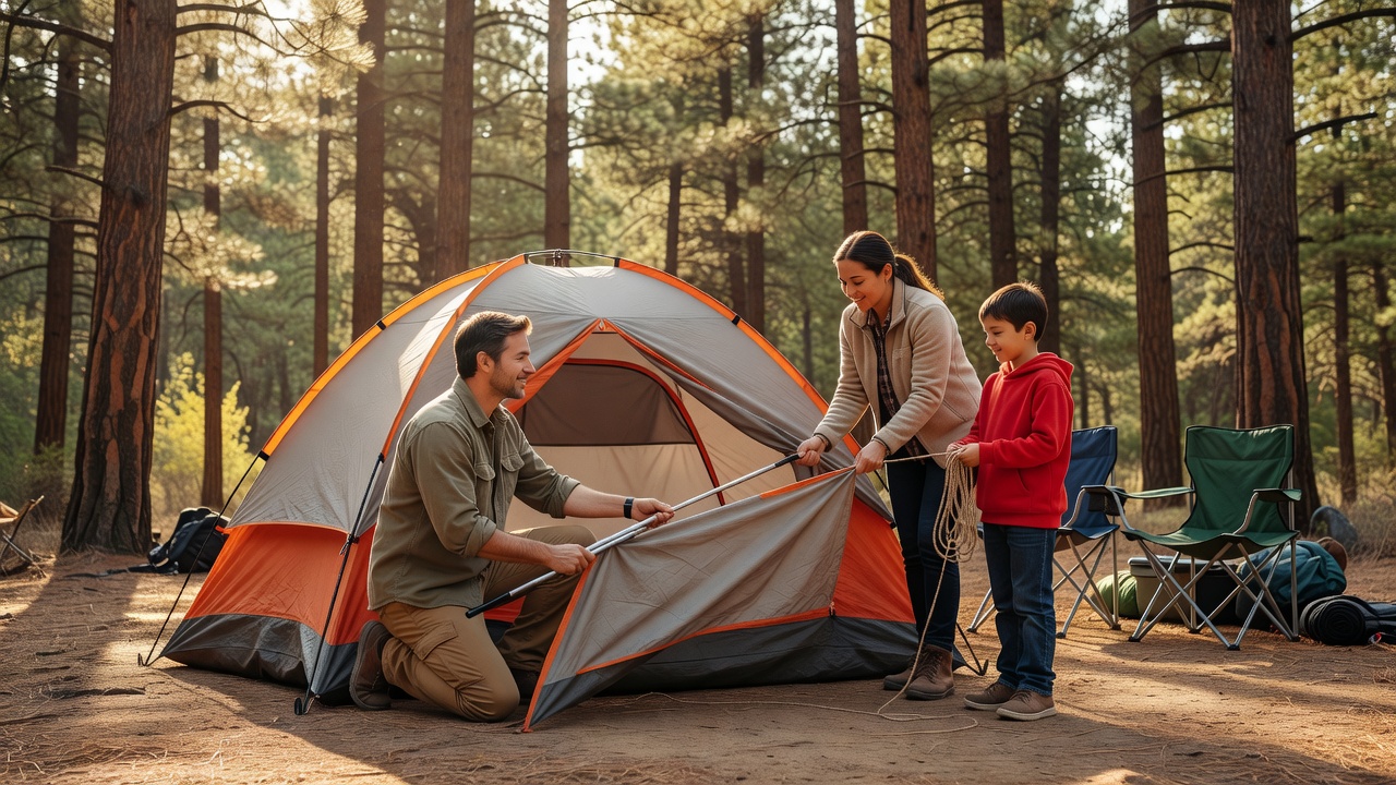 Family setting up a camping tent