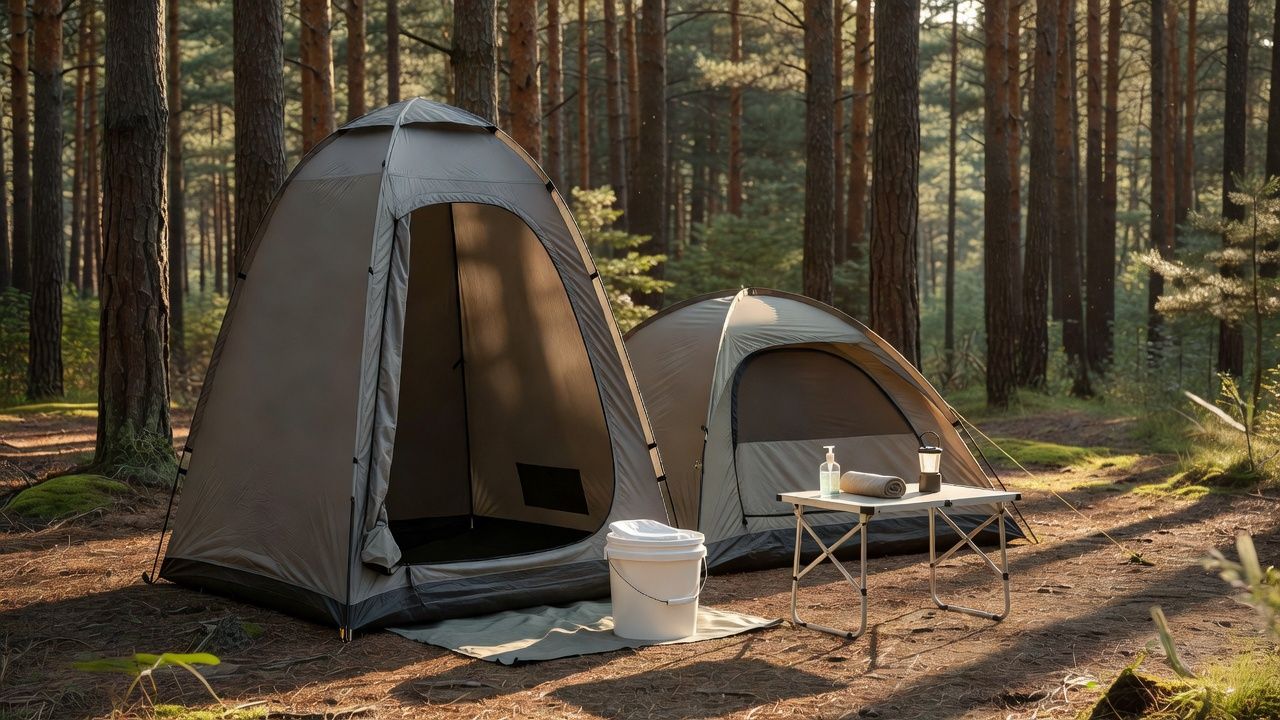 Camp bathroom setup with a pop-up privacy shelter, a lidded bucket toilet, and a camp table holding soap and a towel