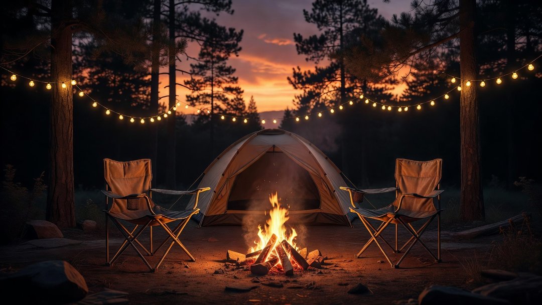 Campsite at twilight with string lights running off a portable power station