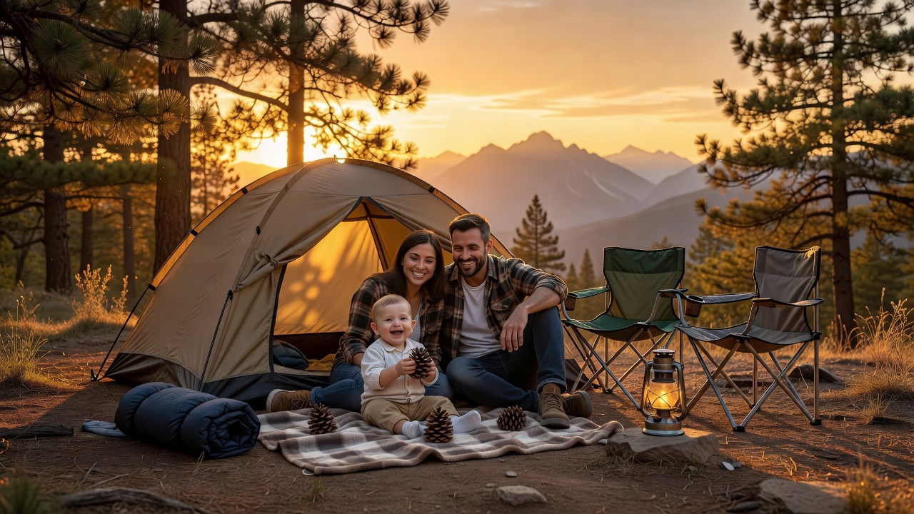 A family with a baby camping at golden hour β parents and infant outside a tent, playing on a blanket in warm sunset light
