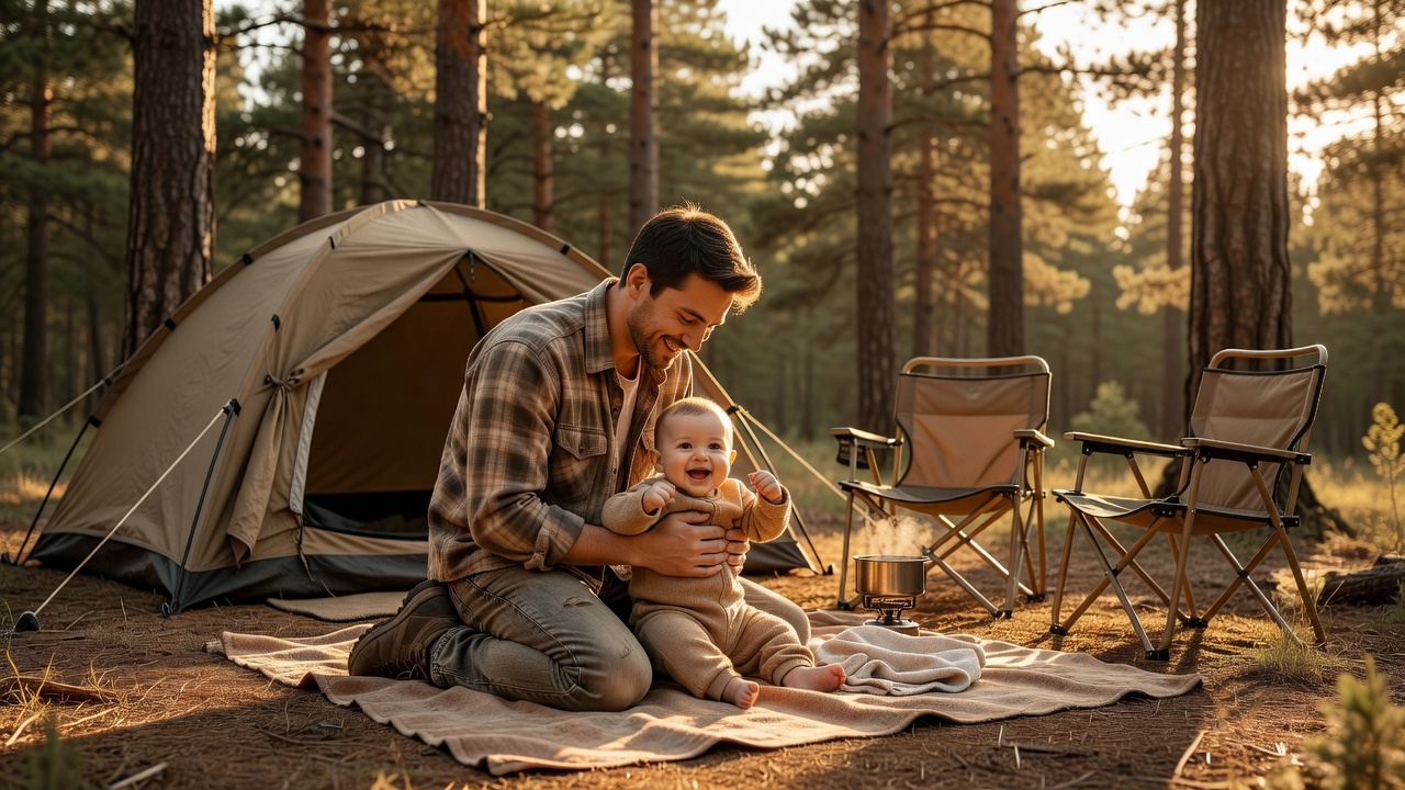 Parent holding a baby at a golden-hour campsite with a tent and camp chairs