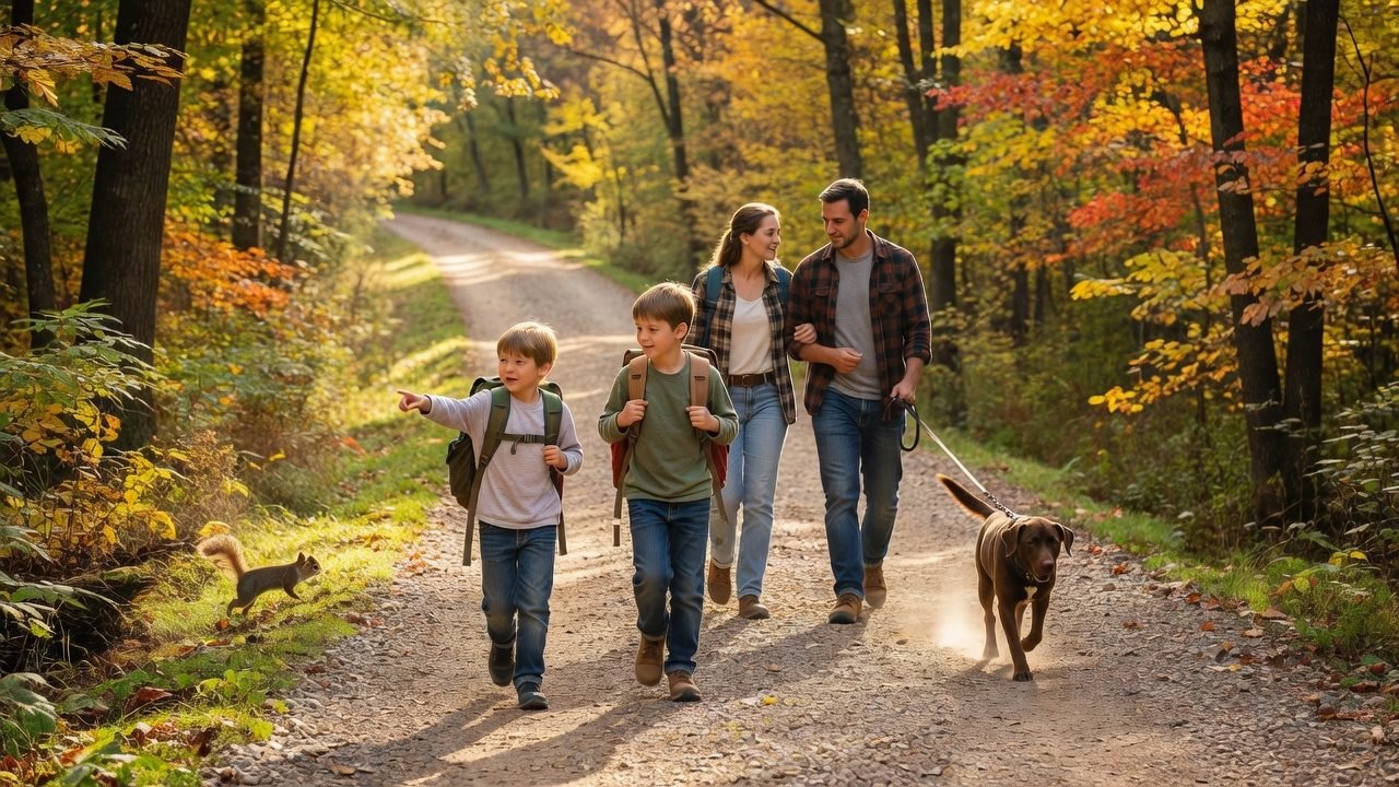 A dog hiking an autumn trail with its family on a cold fall morning