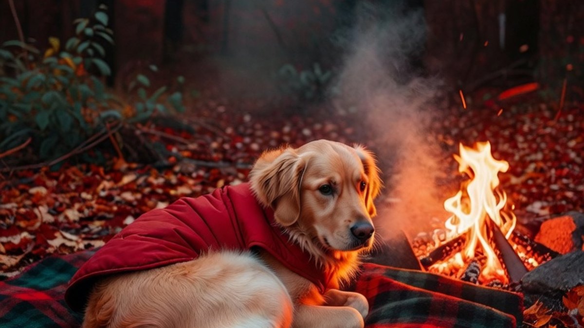 A dog curled warm on a blanket beside a campfire on a cold night