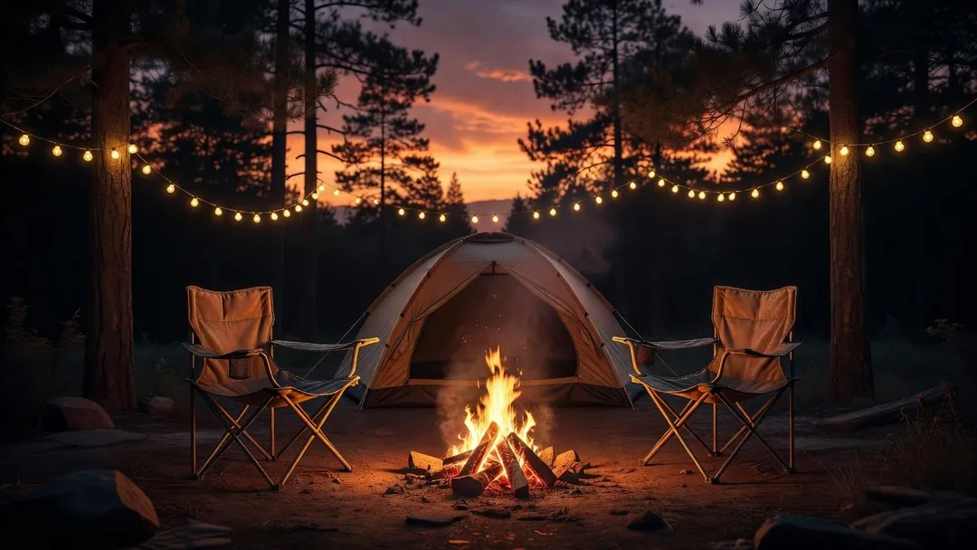 Two camp chairs and a lit tent at a family campsite at dusk with string lights strung between pines