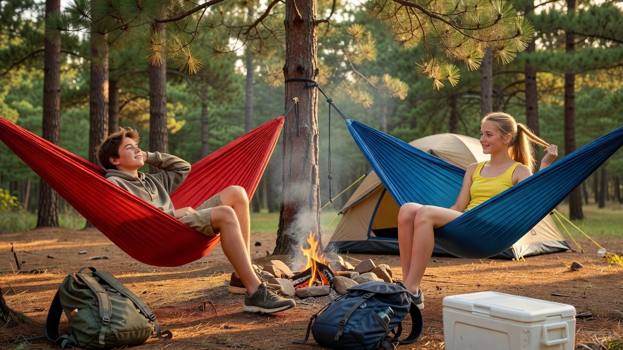 Two teenagers relaxing in camping hammocks at a family campsite in golden afternoon light