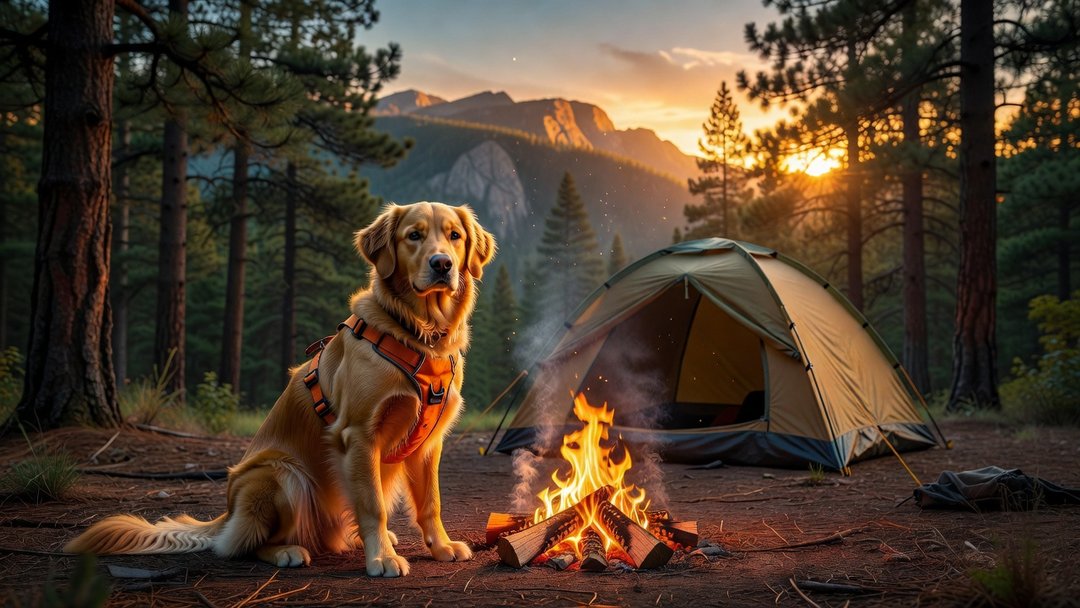 Two dogs resting at a lakeside campsite in golden evening light