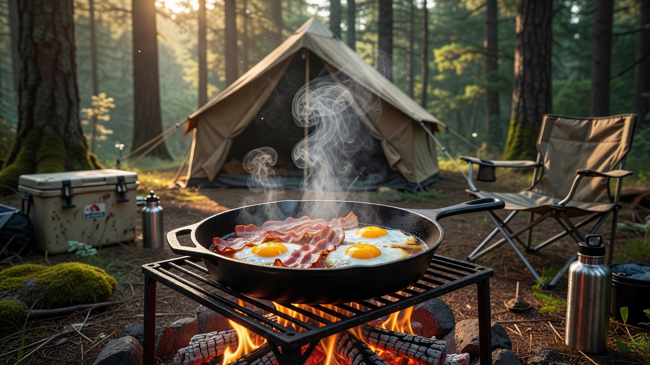 Cast iron skillet cooking breakfast over a campfire at a forest campsite, with tent and pine trees in the background