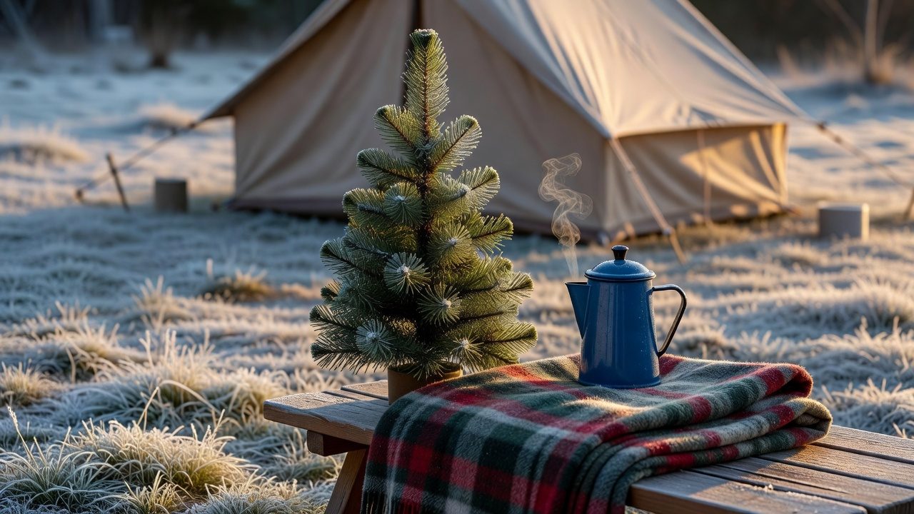 A Christmas morning campsite with a small tree and percolator on a frosty picnic table