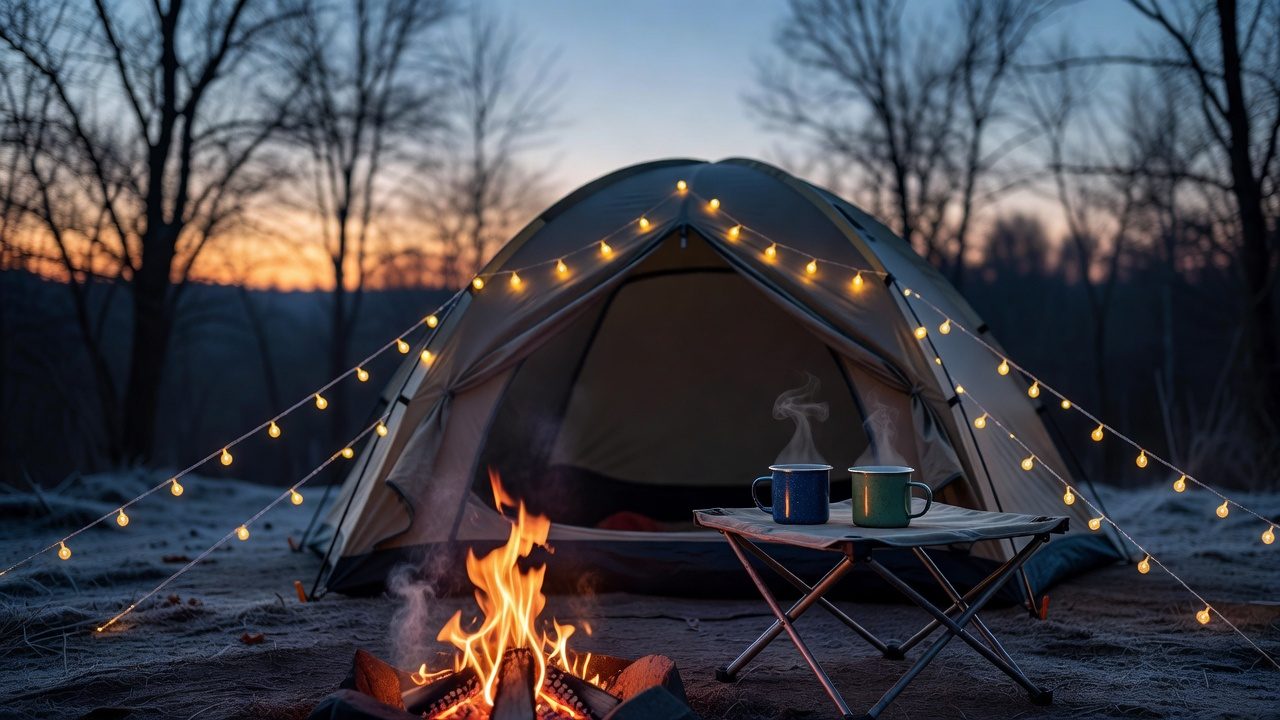 A decorated campsite at dusk with string lights on the tent and hot mugs on a camp table