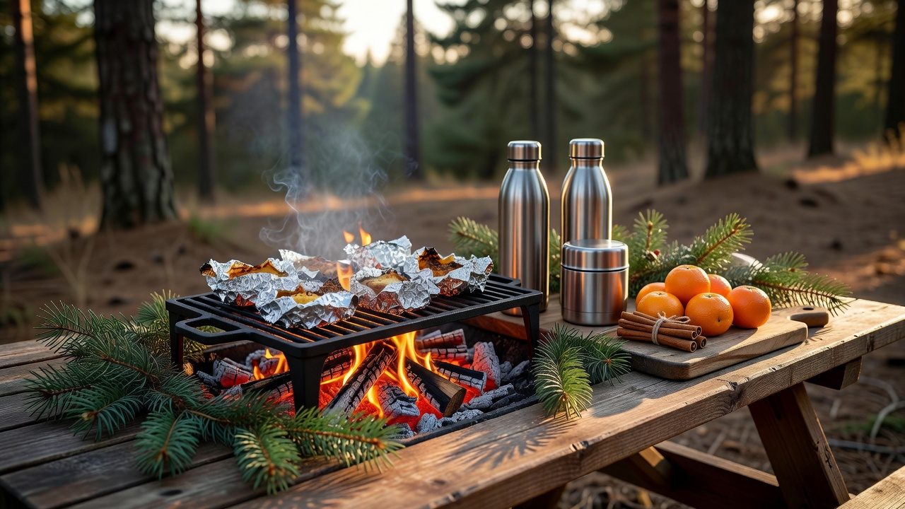 A holiday camp kitchen on a picnic table with foil-wrapped food over coals and insulated bottles