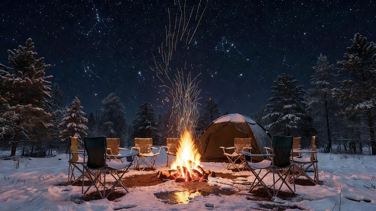 A New Year's Eve campfire burning under a starry winter sky