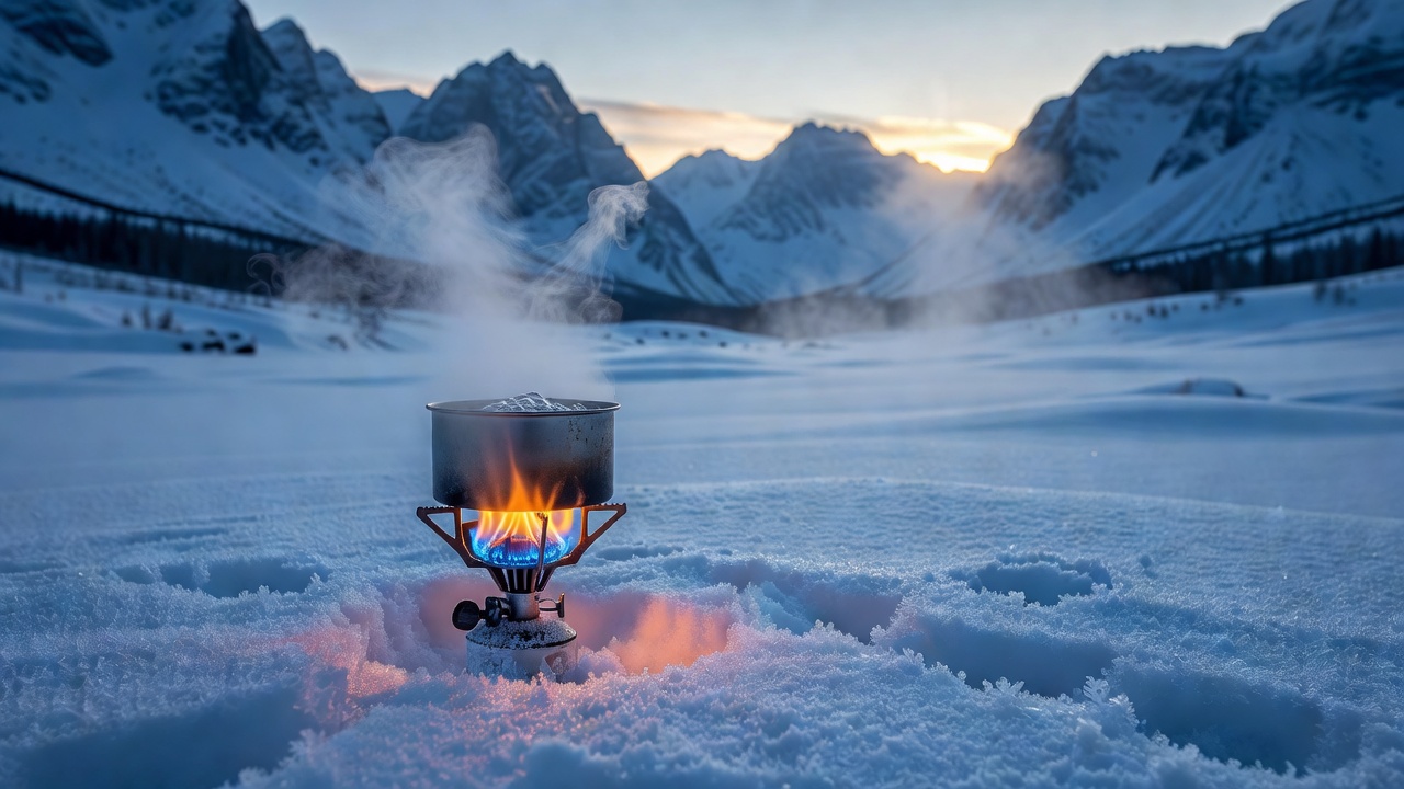 Camp stove burning blue flame on a snowy campsite at dawn, steaming pot, mountains in the background