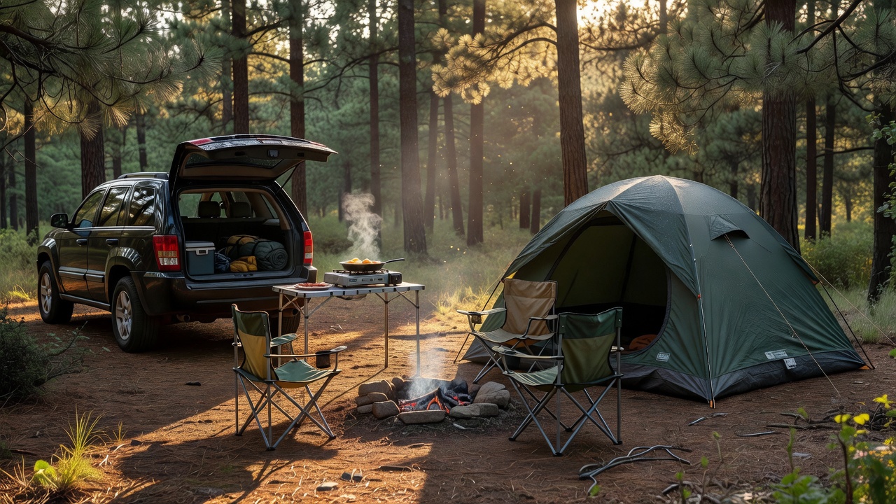 Car camping setup with tent, camp table, and morning forest light