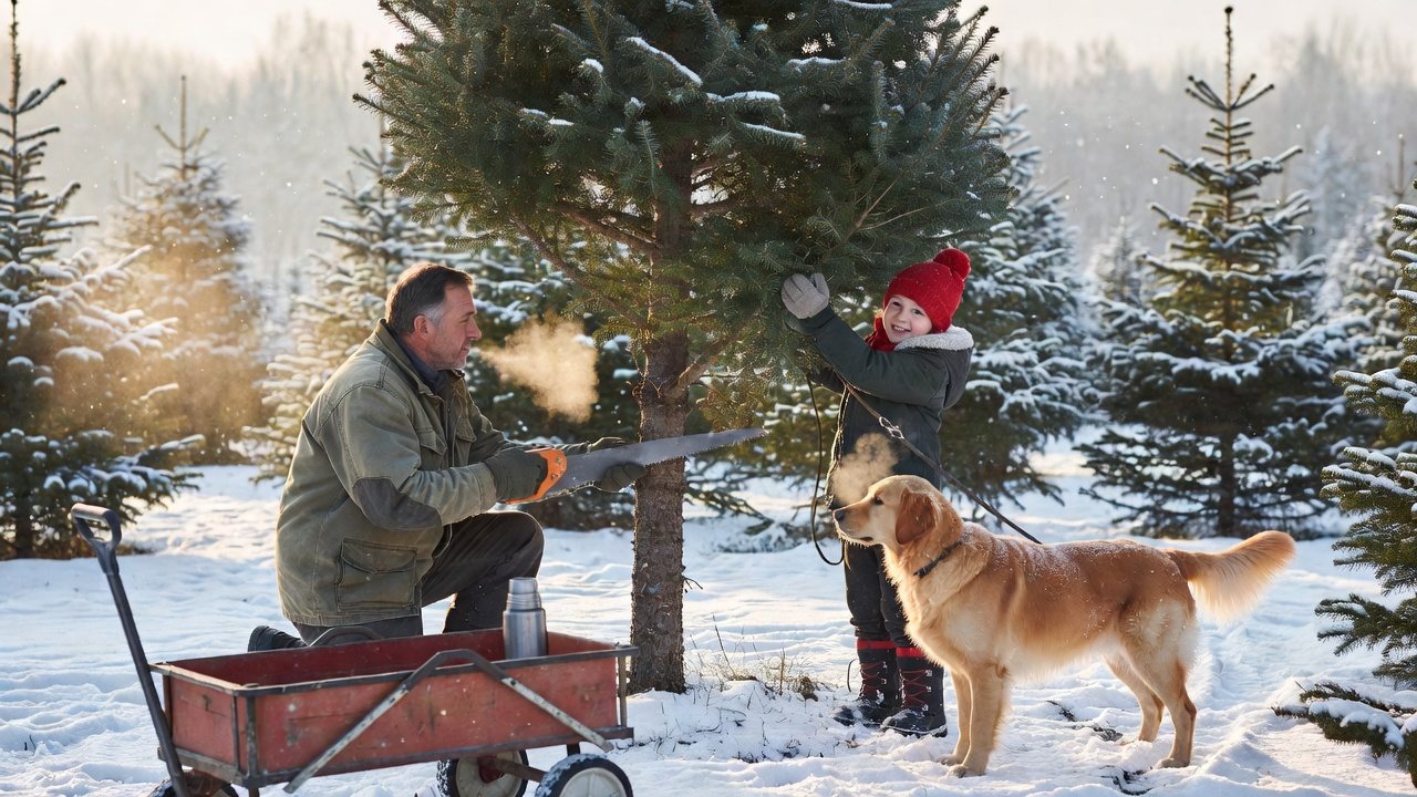 A family cutting down a fir at a frosty Christmas tree farm, wagon and thermos nearby
