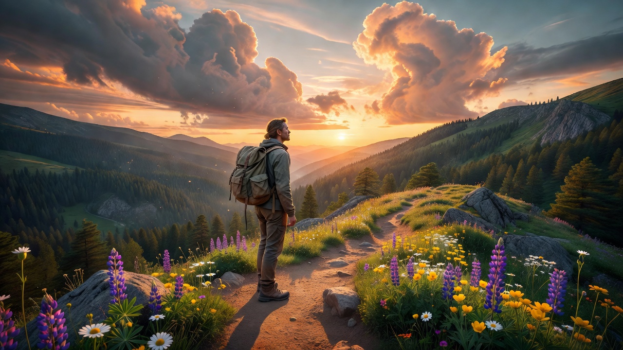 Golden hour hiker on mountain trail overlooking pine valley