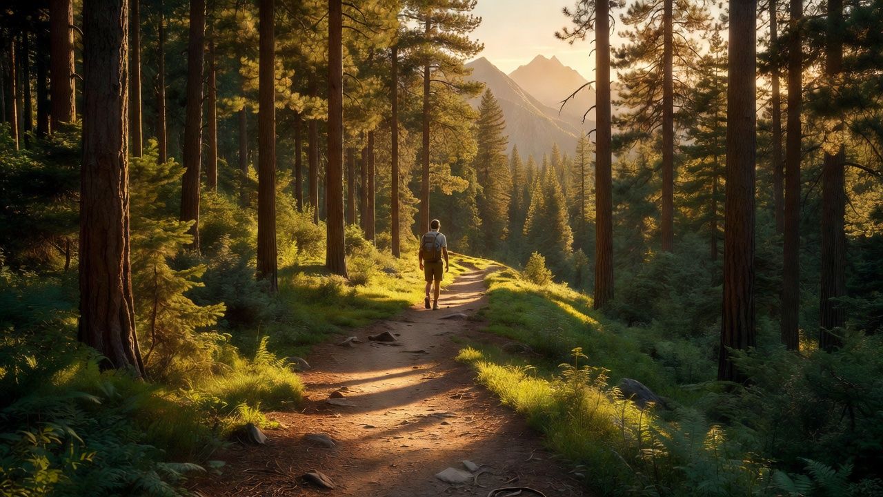 Day hiker with a small pack walking a sunlit forest trail