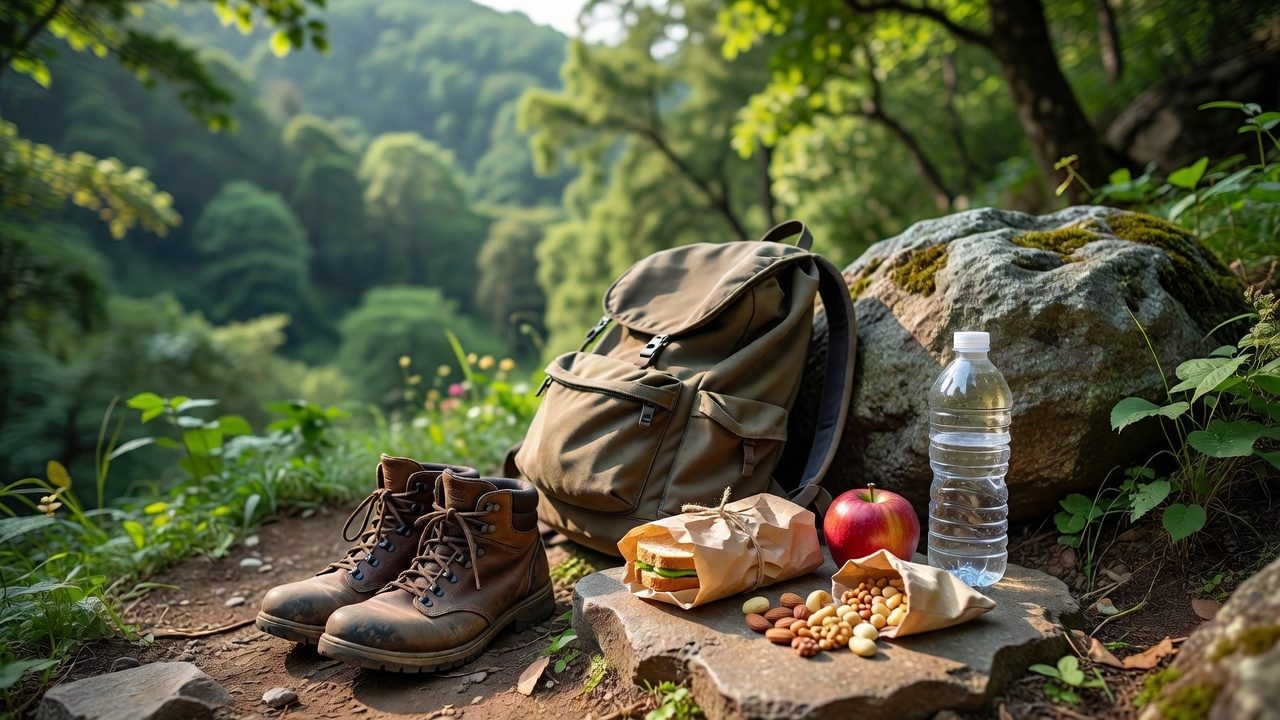 A daypack, hiking boots, a sandwich, an apple, nuts and a water bottle set out on a rock at a trail-side lunch stop