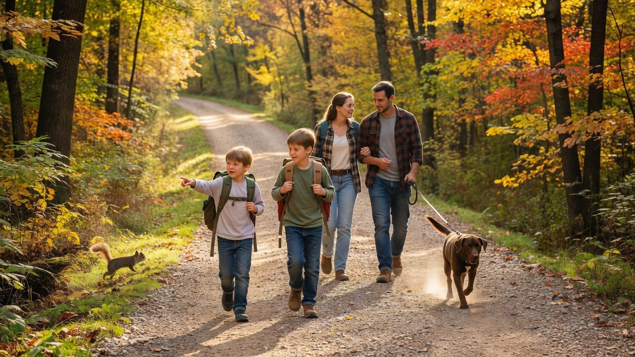 A family with two kids in hiking backpacks and a chocolate lab on a leash walking an autumn gravel trail