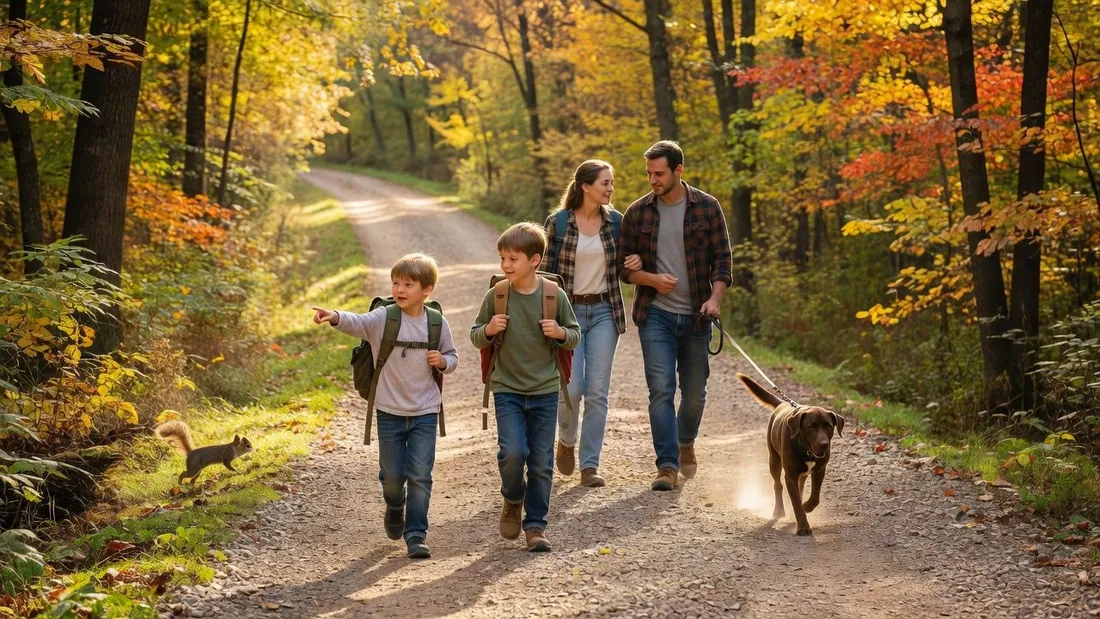 A dog on a late-autumn trail with the family, wearing high-visibility gear