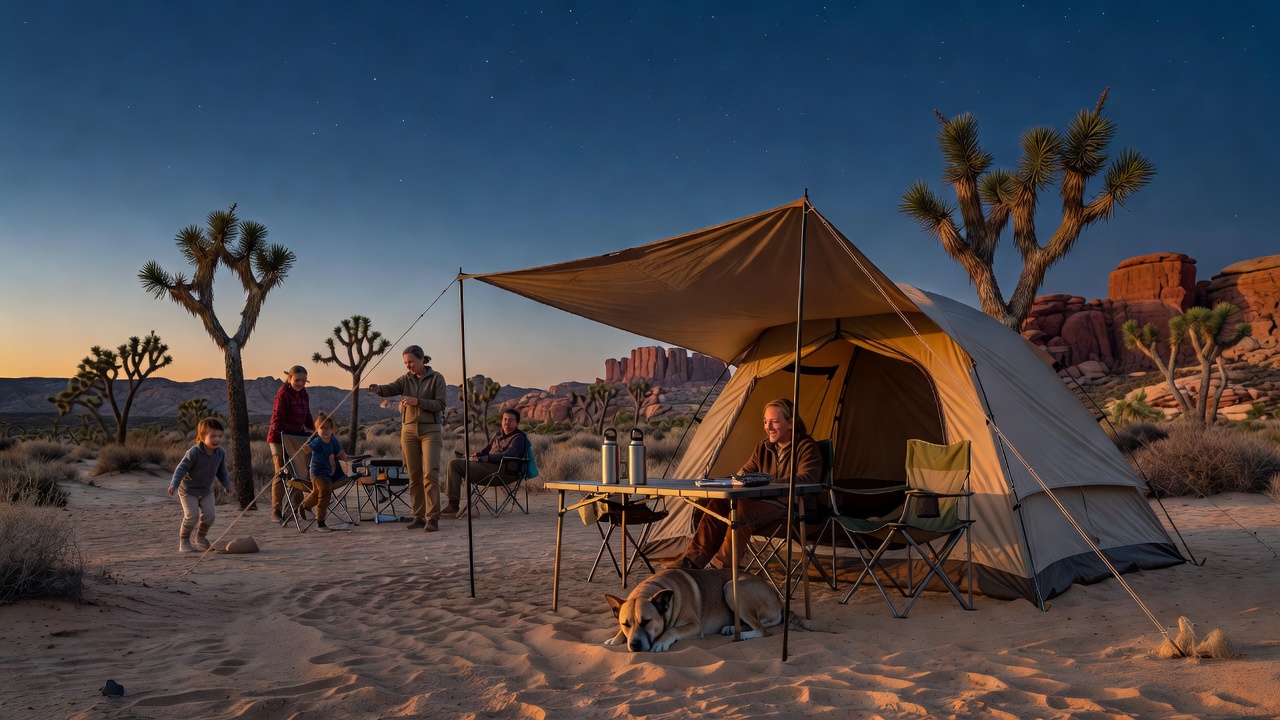 Desert campsite at golden hour with tent, shade shelter, and water bottles
