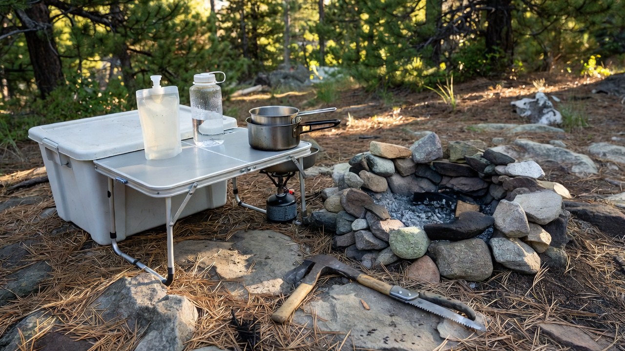 A no-facility dispersed camp kitchen on a folding table: water filter pouch, water bottle, nested cook pots on a small stove, and a rock fire ring with a hatchet beside it