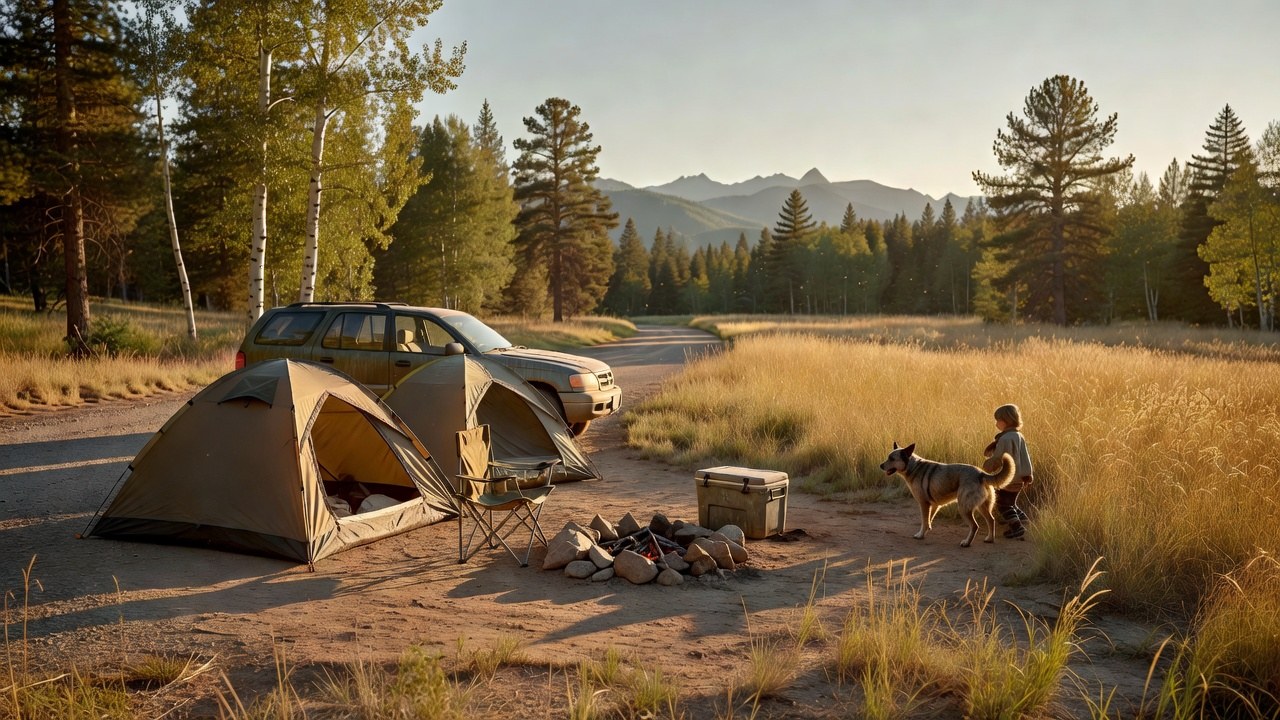 A family car and two small tents at a free dispersed campsite off a dirt forest road, with a dog and a child walking through grass at golden hour