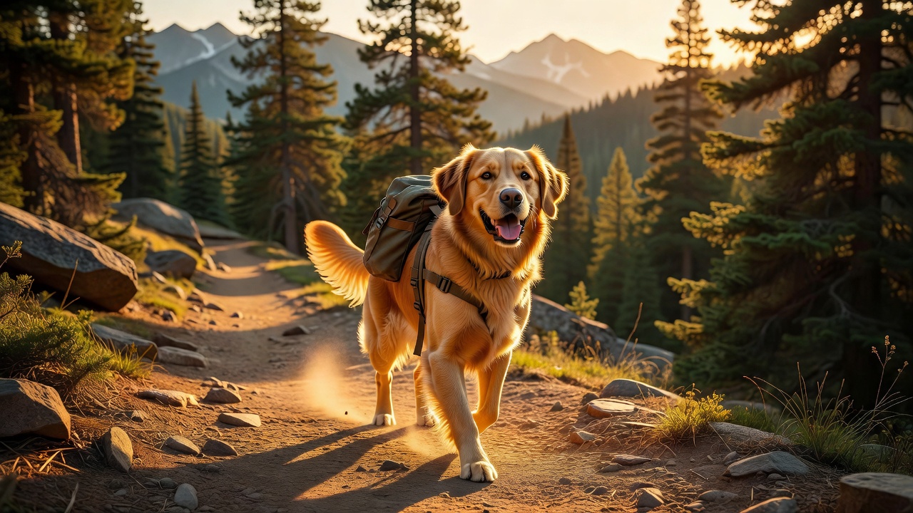 Golden retriever wearing a backpack on a mountain trail at golden hour