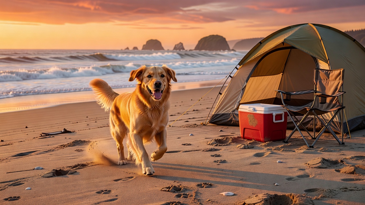 Golden retriever running on a beach at sunset with camping tent nearby β dog-friendly beach camping at its finest