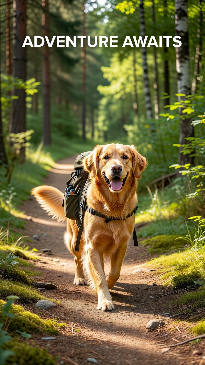 Dog hiking with a small pack on a shaded forest trail