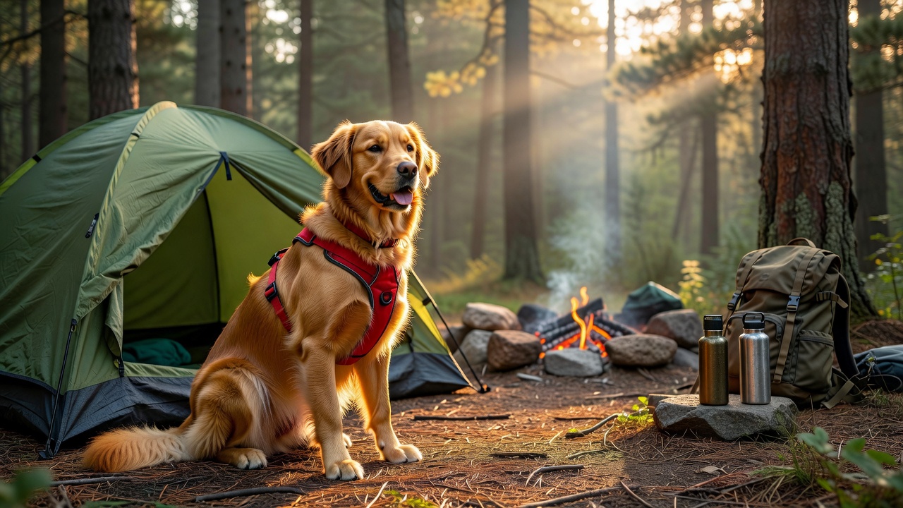 Golden retriever in harness at forest campsite during golden hour