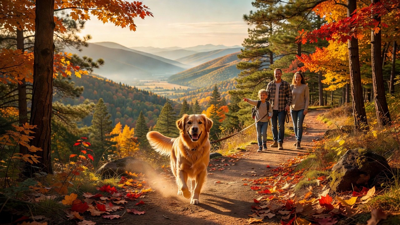 A golden retriever on a leash hiking an autumn forest trail in a national park with a family walking behind