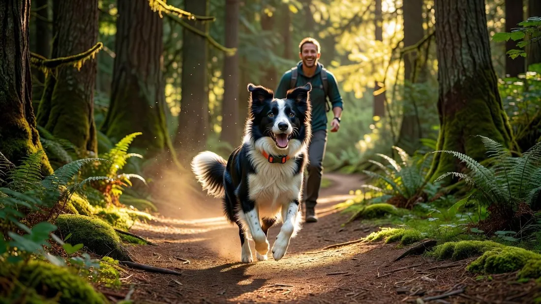 A border collie running off-leash on a forest trail with a training collar