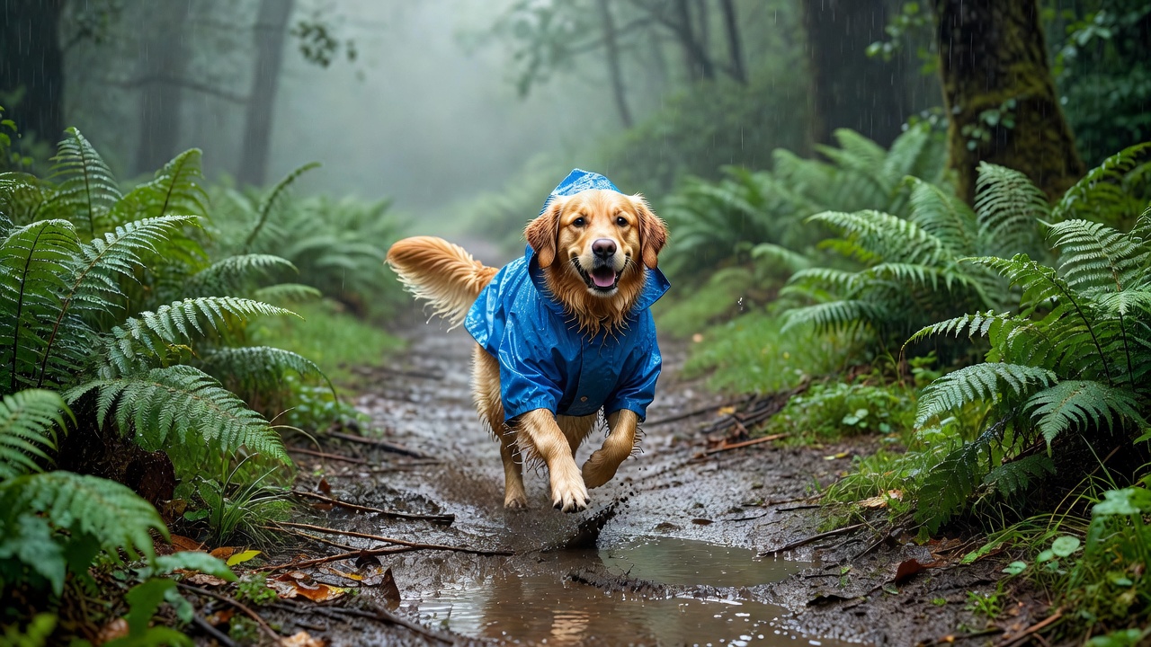 Golden retriever in waterproof rain jacket running on misty forest trail