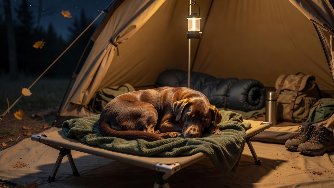 A dog curled up asleep on a raised camping cot inside a tent at night