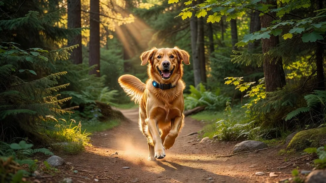 Happy golden retriever running on a forest trail wearing a training collar
