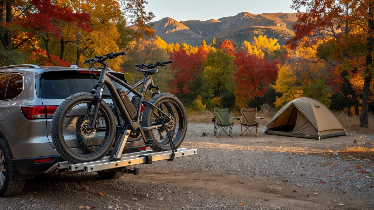 Two electric bikes loaded in the wheel trays of a platform hitch rack on an SUV at a fall campsite
