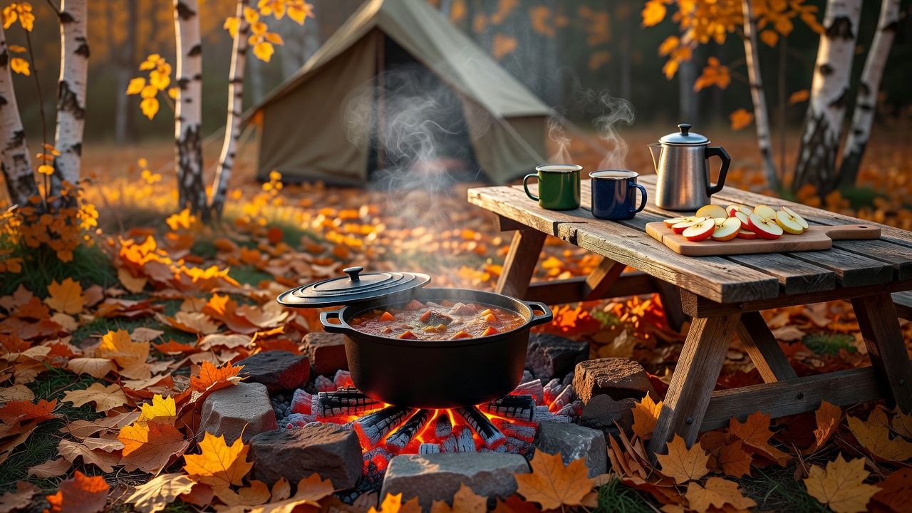Cast iron dutch oven simmering over a campfire at an autumn campsite with golden leaves