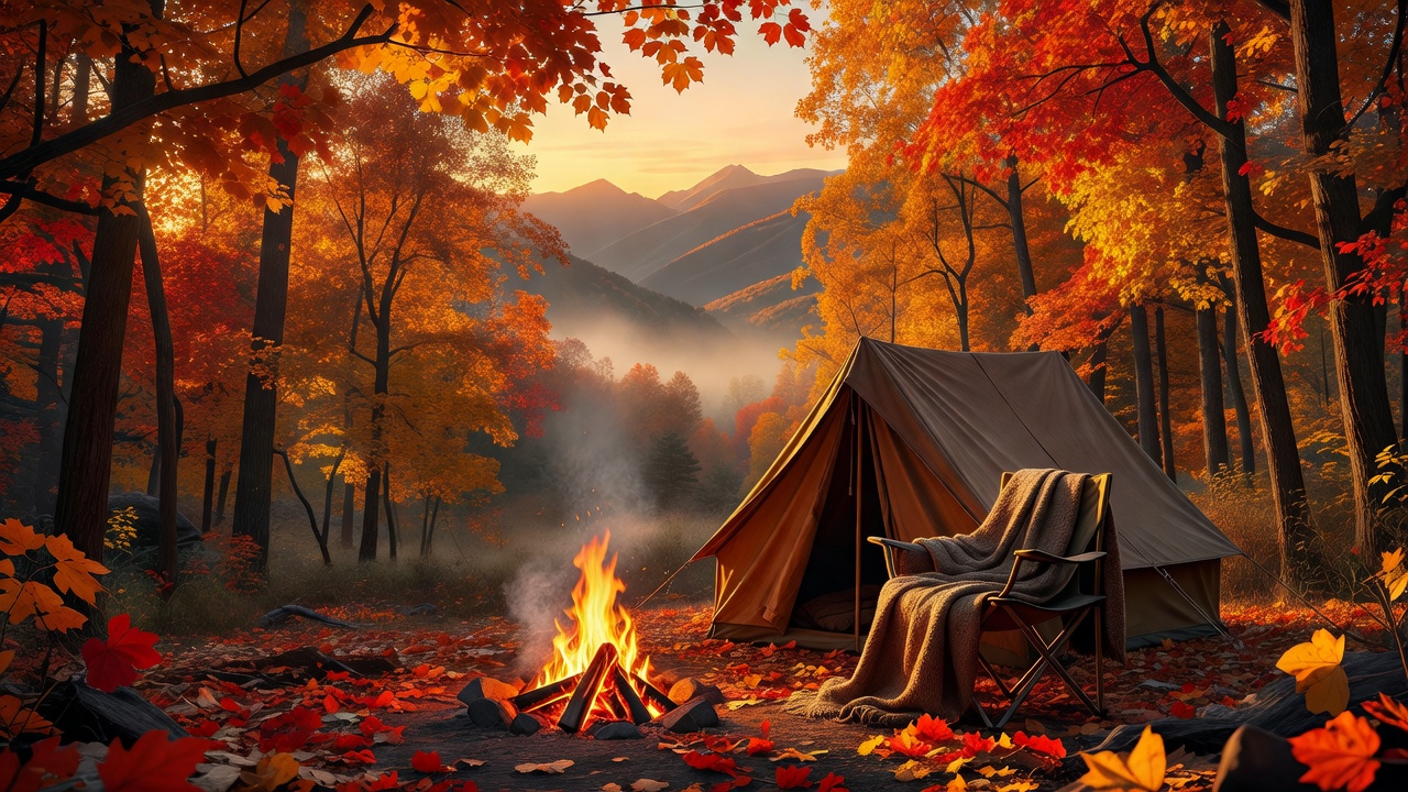 Cozy fall campsite with campfire, tent, and autumn foliage