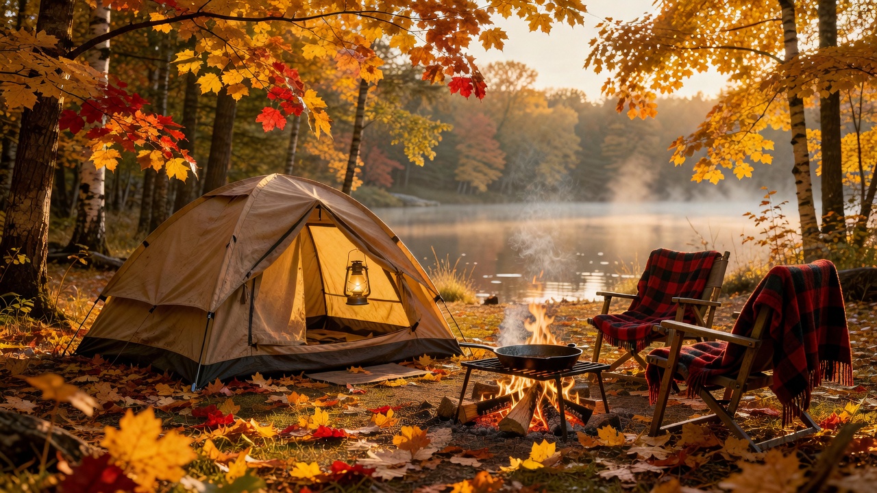 Autumn campsite with glowing tent and campfire surrounded by golden fall foliage