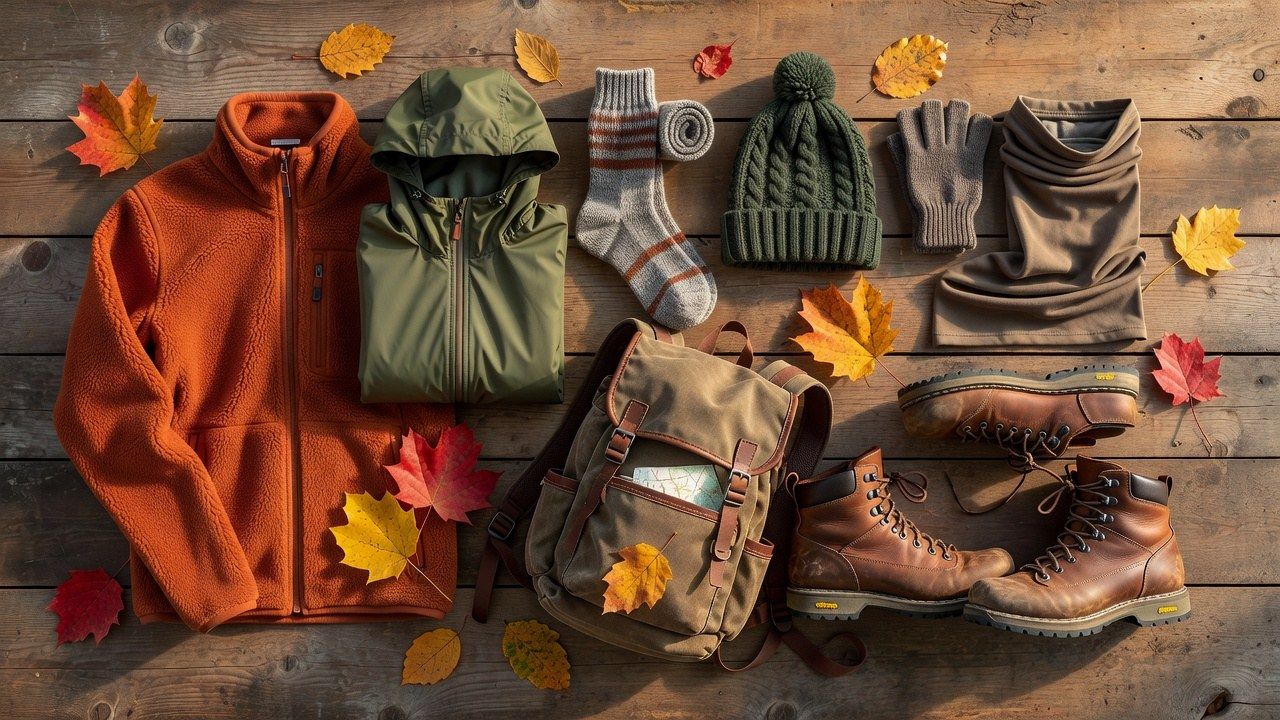 Fall hiking clothing laid out with a daypack ā fleece midlayer, rain shell, wool socks, beanie, gloves, gaiter and boots