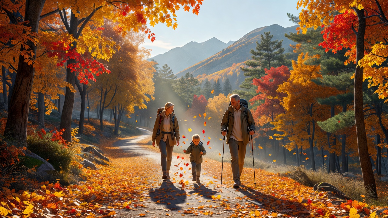 Family hiking on a fall forest trail covered in golden leaves
