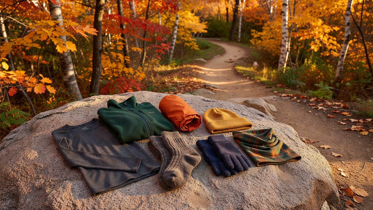 Fall hiking clothing laid out on a granite boulder beside an autumn trail ā merino base layer, fleece midlayer, rain shell, wool socks, beanie, gloves and a neck gaiter